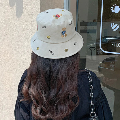 Korean Bear Embroidery Cartoon Leisure Bucket Hat