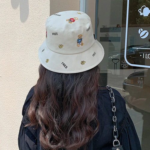 Korean Bear Embroidery Cartoon Leisure Bucket Hat