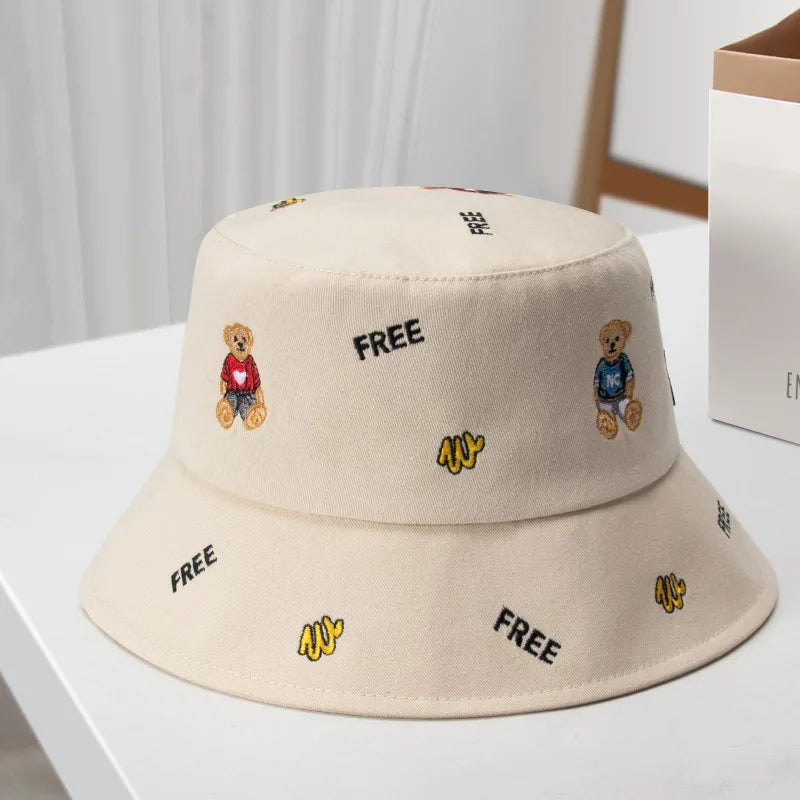 Korean Bear Embroidery Cartoon Leisure Bucket Hat