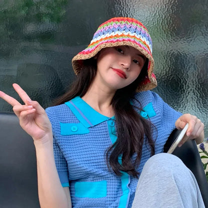 Rainbow Crochet Straw UV Sun Bucket Hat