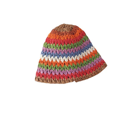 Rainbow Crochet Straw UV Sun Bucket Hat