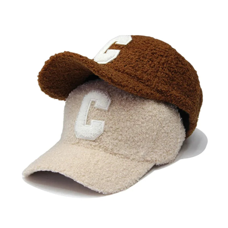 Lambswool Warm Autumn Winter Letter C Embroidery Baseball Cap