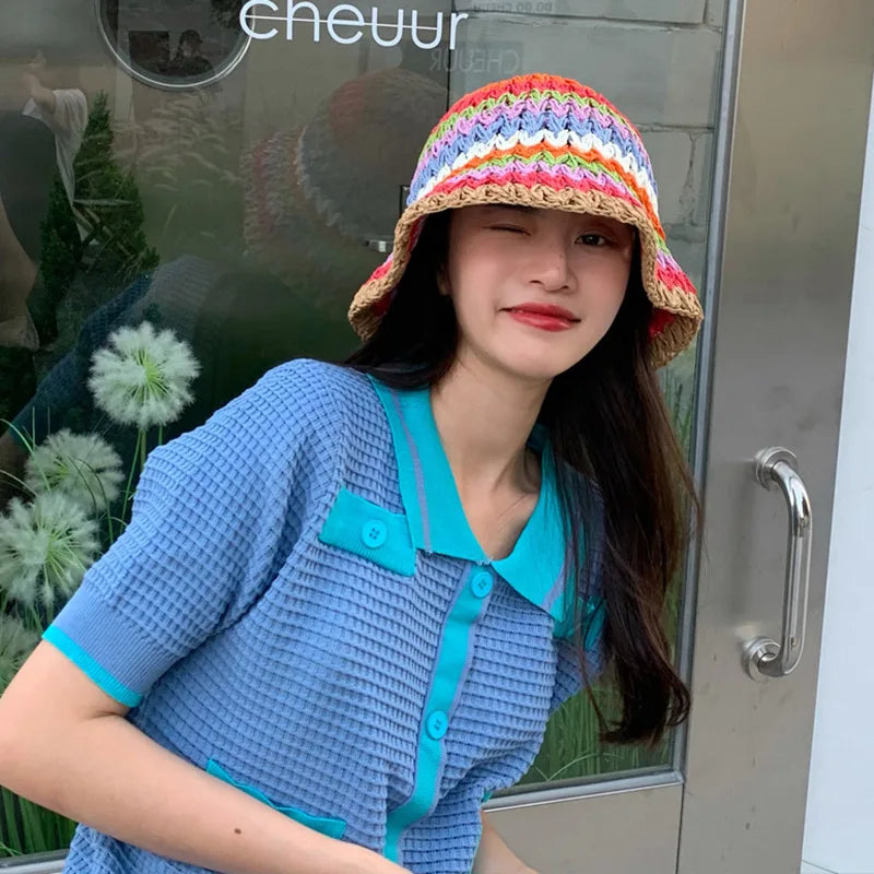 Rainbow Crochet Straw UV Sun Bucket Hat