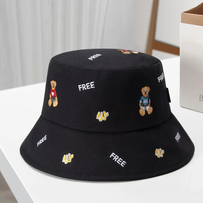 Korean Bear Embroidery Cartoon Leisure Bucket Hat