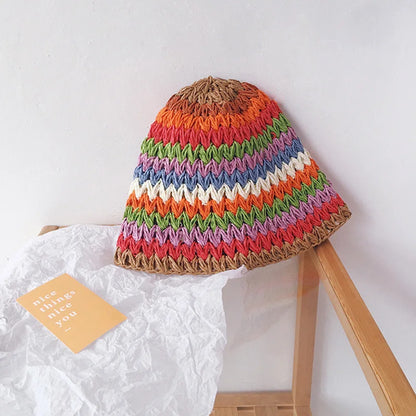 Rainbow Crochet Straw UV Sun Bucket Hat
