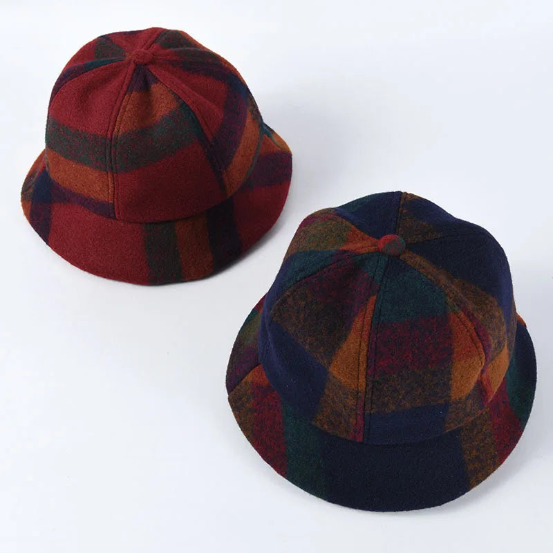 Vintage Plaid Short Brim Winter Bucket Hat