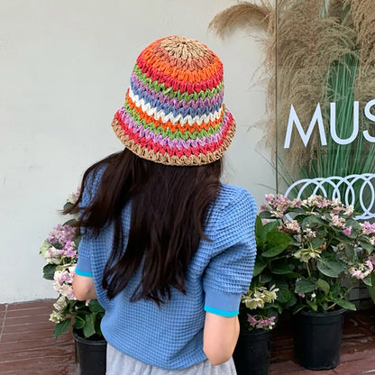 Rainbow Crochet Straw UV Sun Bucket Hat