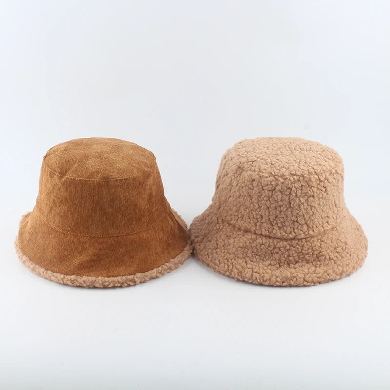 Reversible Corduroy Faux Fur Bucket Hat