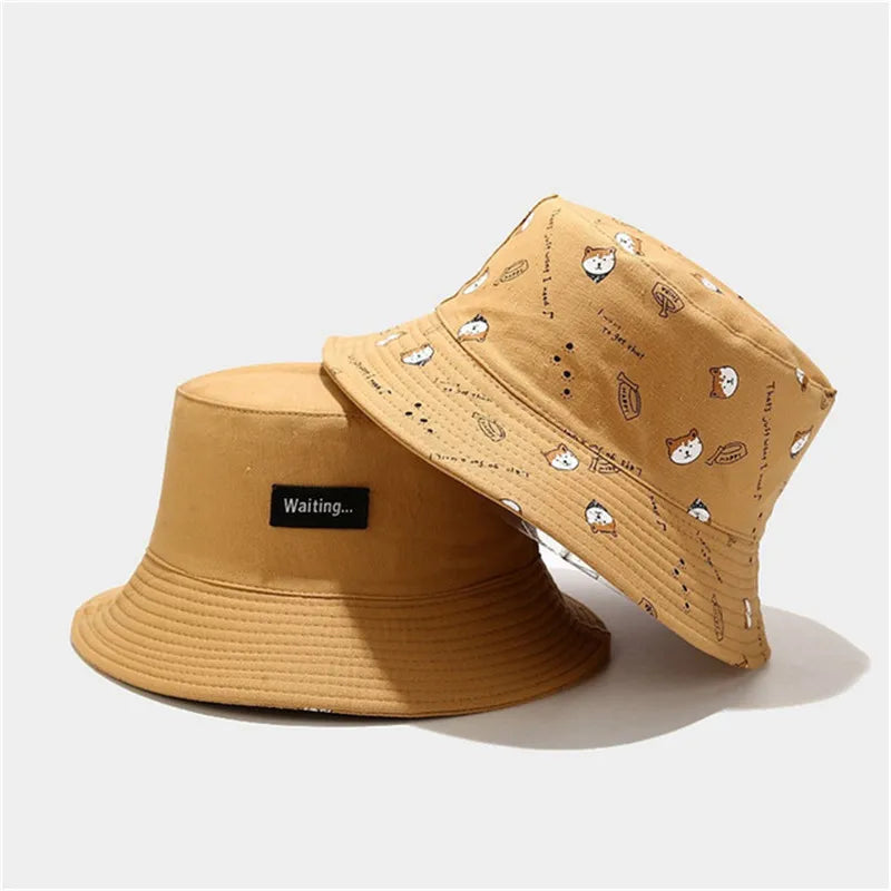 Unisex Cotton Double-Sided Dog Print Bucket Hat – Travel Sun Cap