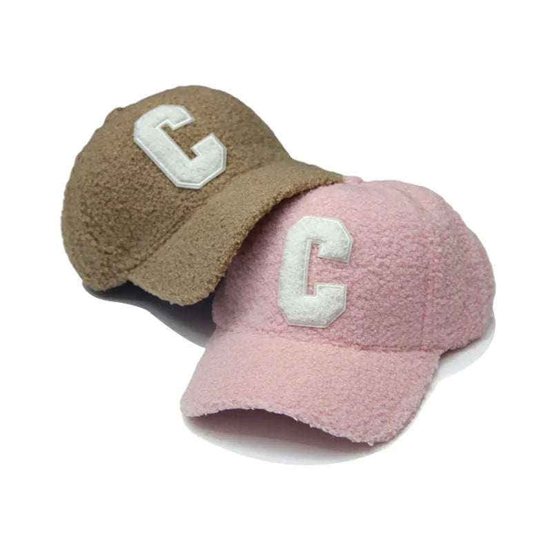 Lambswool Warm Autumn Winter Letter C Embroidery Baseball Cap