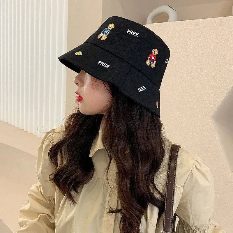 Korean Bear Embroidery Cartoon Leisure Bucket Hat