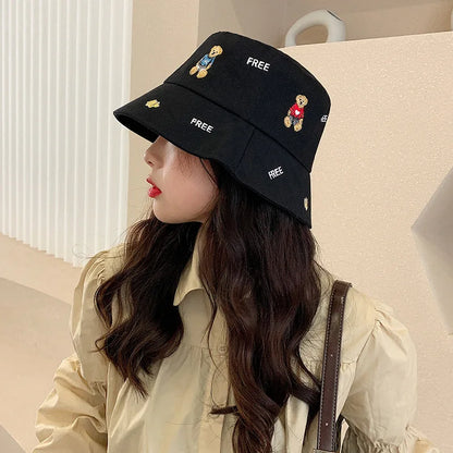 Korean Bear Embroidery Cartoon Leisure Bucket Hat
