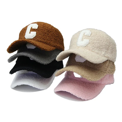 Lambswool Warm Autumn Winter Letter C Embroidery Baseball Cap