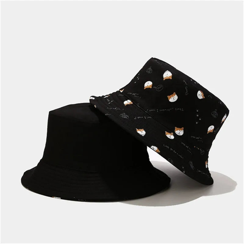 Unisex Cotton Double-Sided Dog Print Bucket Hat – Travel Sun Cap