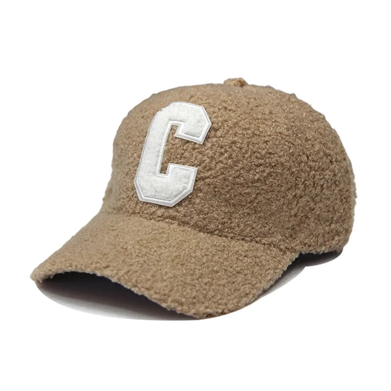 Lambswool Warm Autumn Winter Letter C Embroidery Baseball Cap