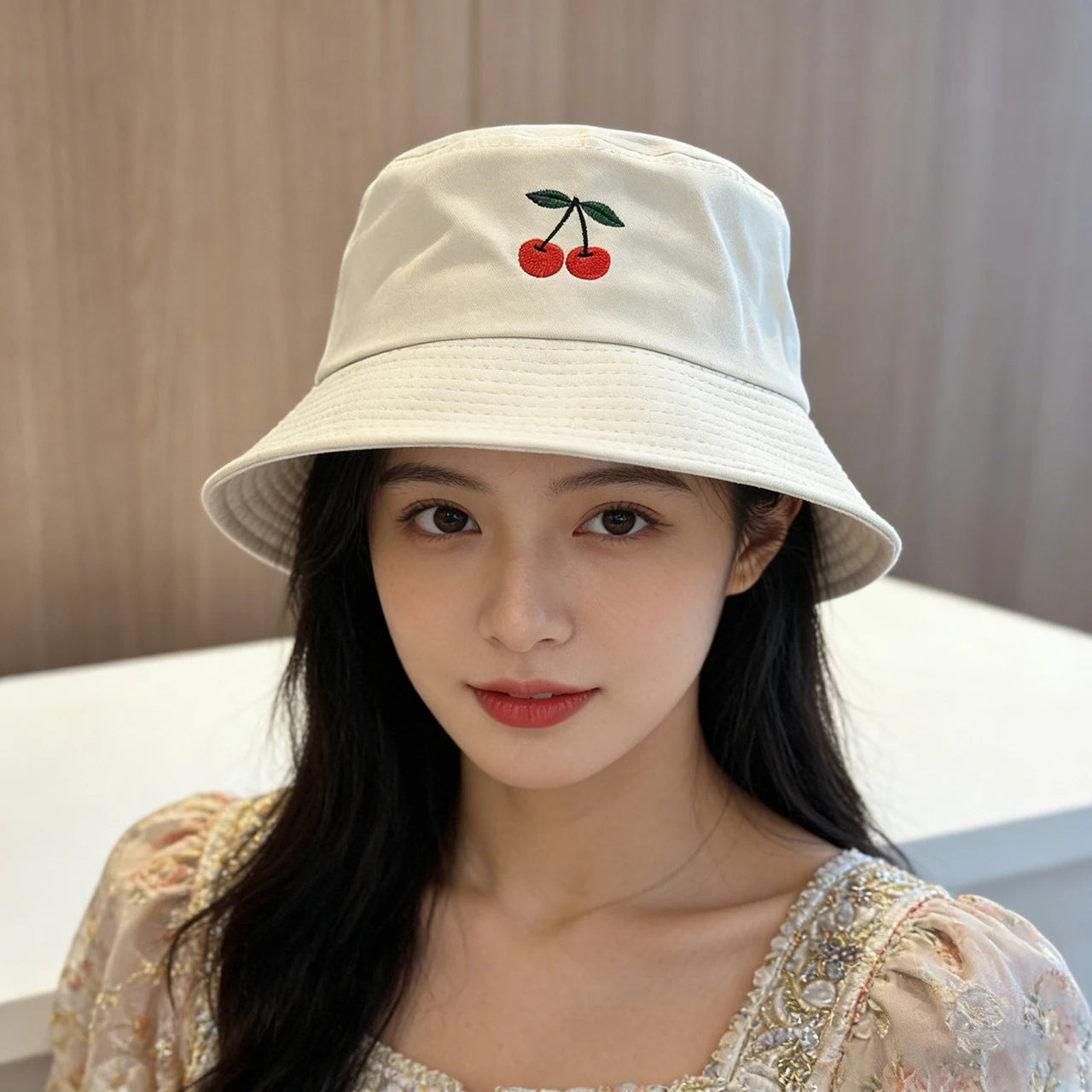 Solid Color Cherry Embroidered Cotton Bucket Hat