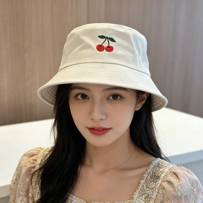 Solid Color Cherry Embroidered Cotton Bucket Hat