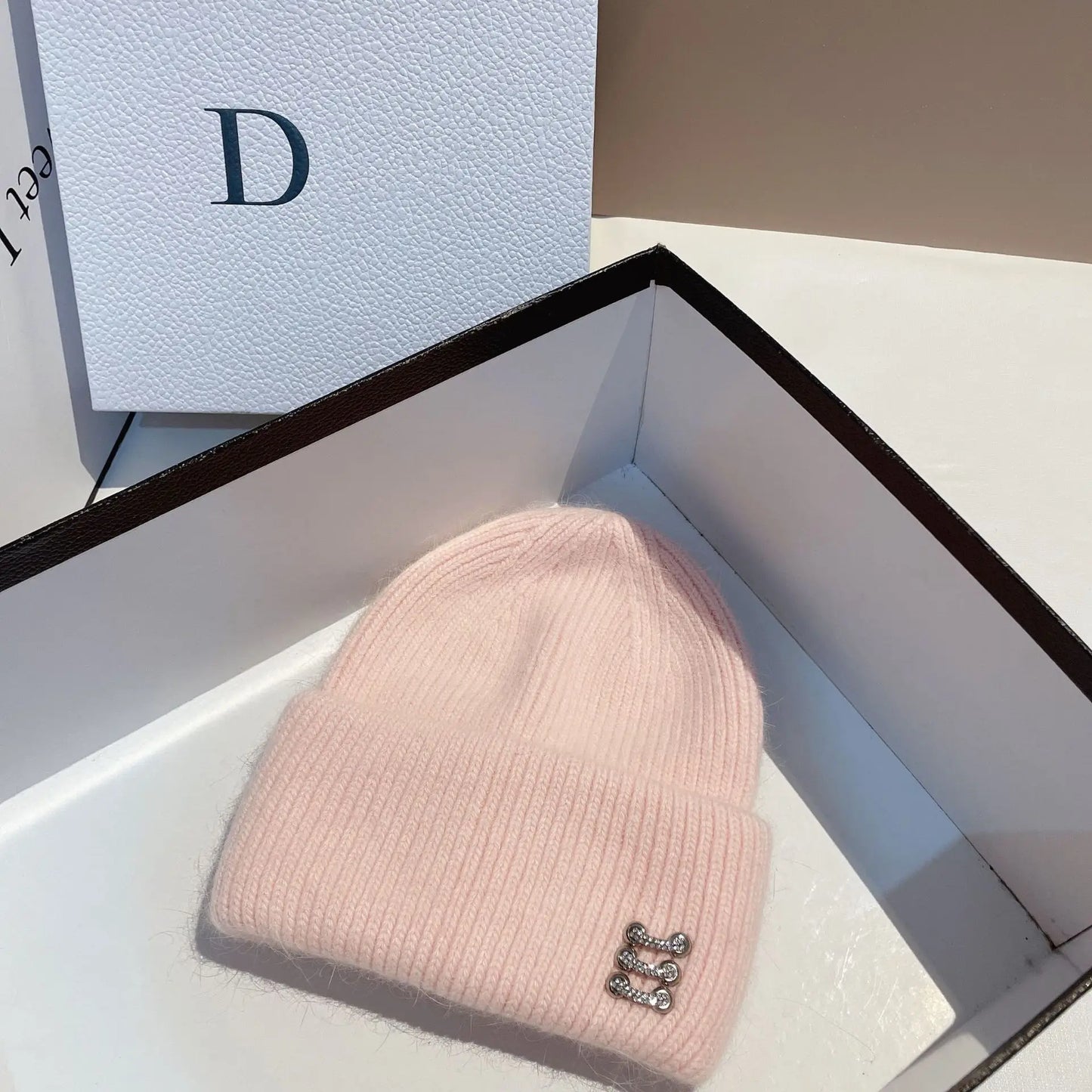 Trendy Ring Buckle Detail Rabbit Hair Knitted Hat