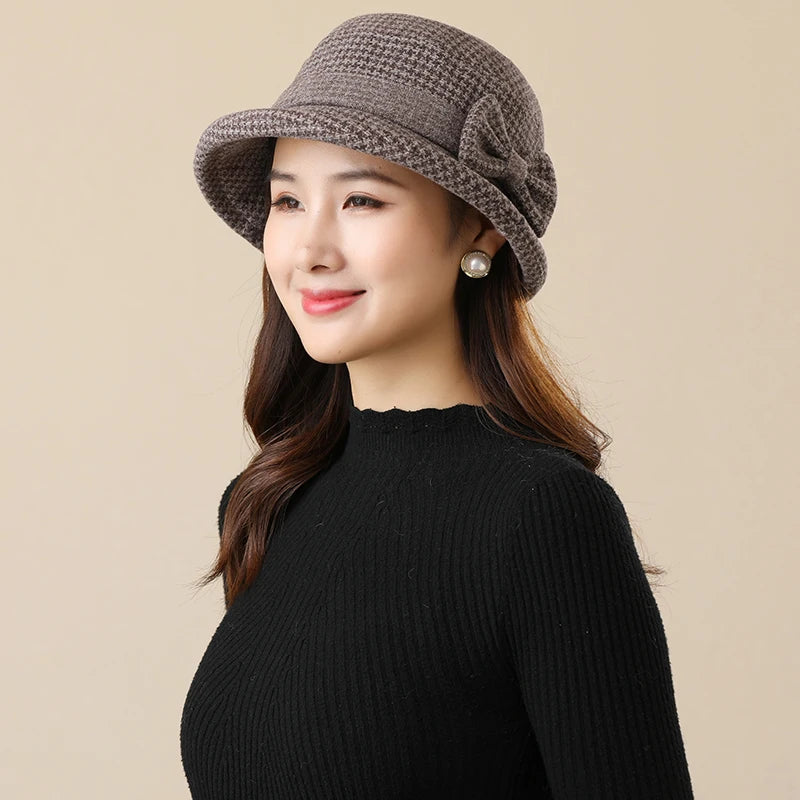 Women Houndstooth Bow Bucket Hat
