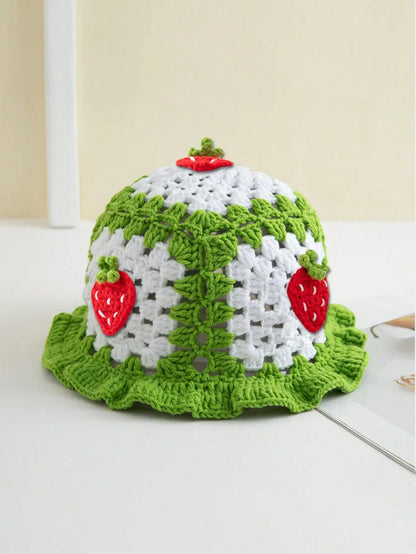Bohemian Strawberry Crochet Ruffled Edge Bucket Hat