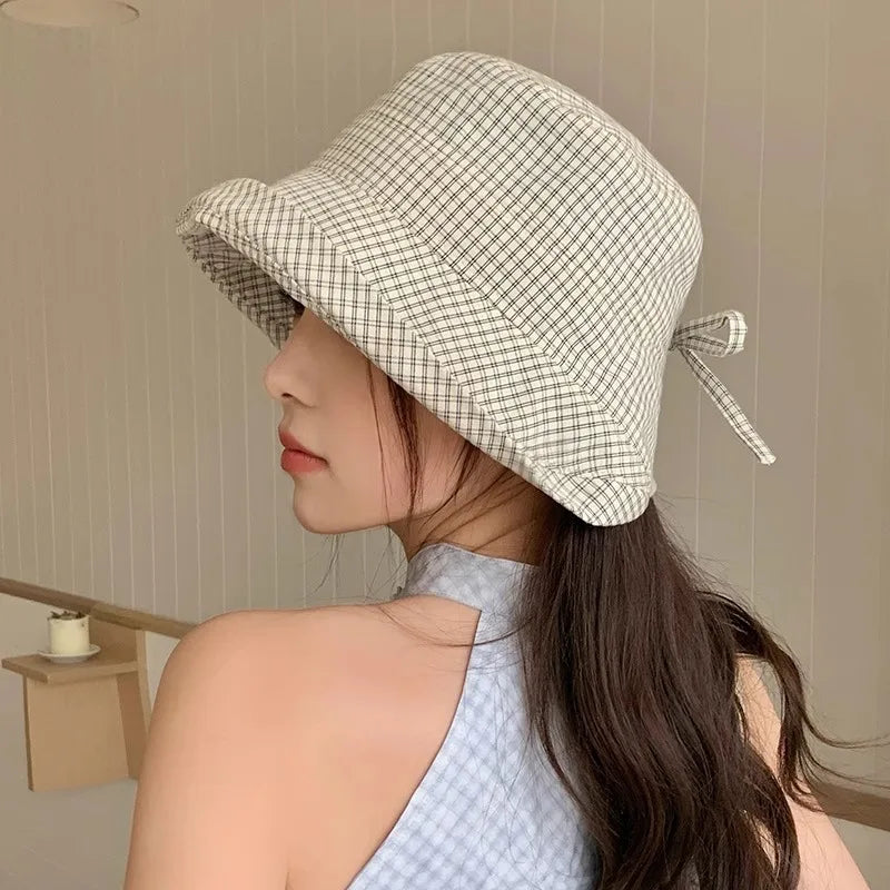 Korean Plaid Foldable Big Brim Summer Bucket Hat