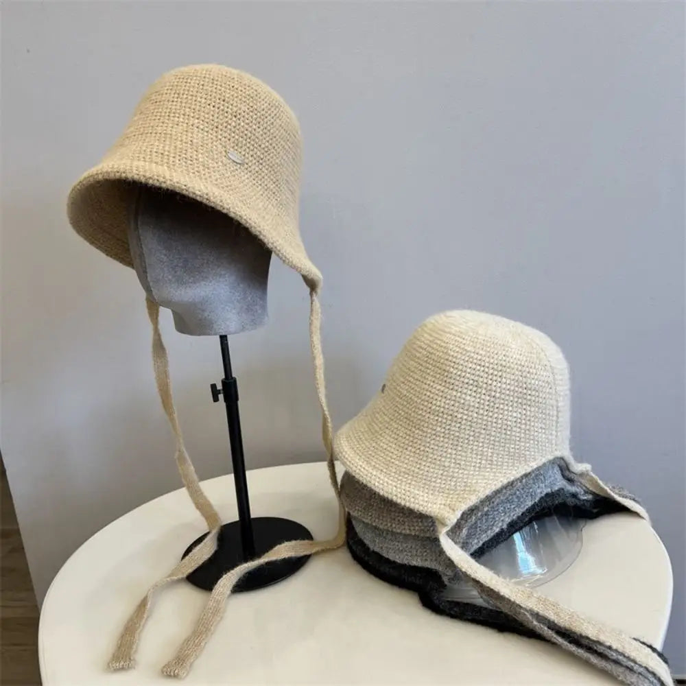 Wool Blend Rope Back Knitted Bucket Hat
