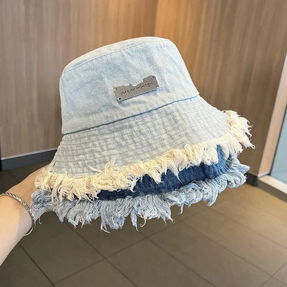 Washed Denim Tassel Wide Brim Bucket Hat