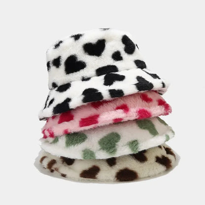 Women’s Heart Print Faux Fur Bucket Hat