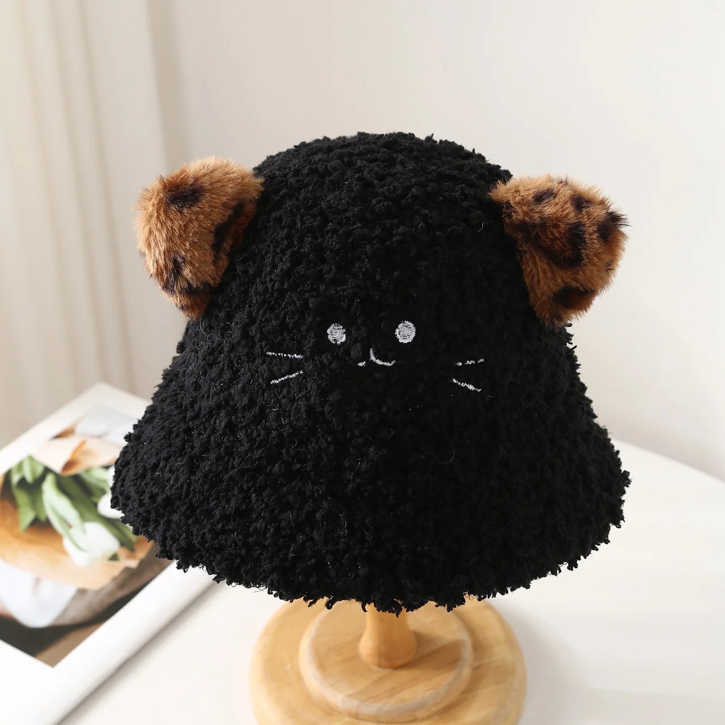 Leopard Cat Ear Bucket Hat Women Winter