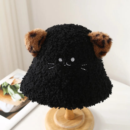 Leopard Cat Ear Bucket Hat Women Winter