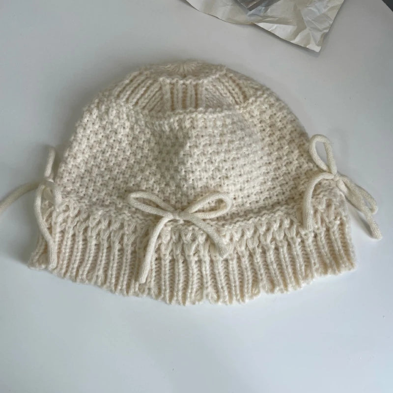 Korean Bow Decor Knit Bucket Hat