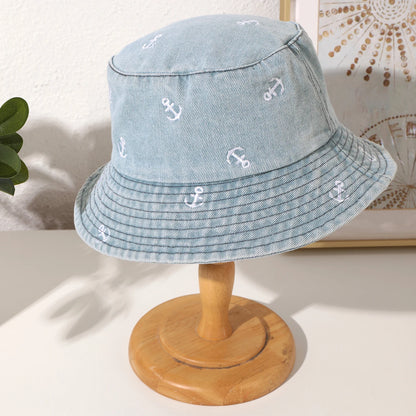 Korean Washed Denim Anchor Fisherman Bucket Hat