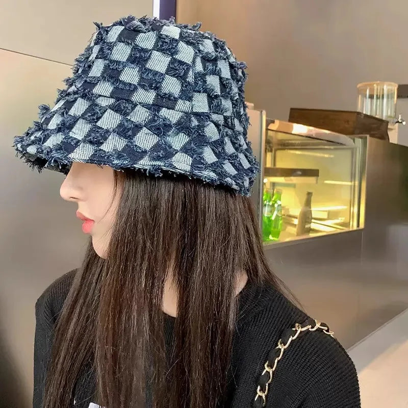 Korean Plaid Denim Sun Bucket Hat