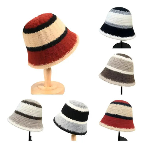 Wide-Striped Knitted Winter Bucket Hat