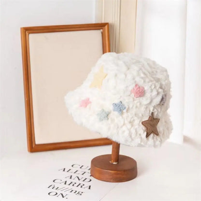 Star Plush Winter Fisherman Hat Women Foldable Warm Cap