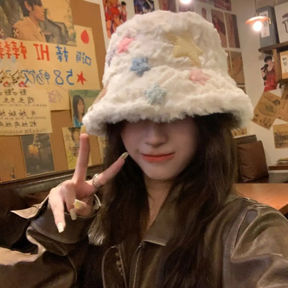 Star Plush Winter Fisherman Hat Women Foldable Warm Cap