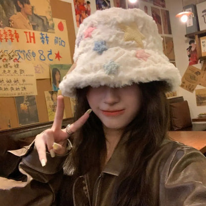 Star Plush Winter Fisherman Hat Women Foldable Warm Cap