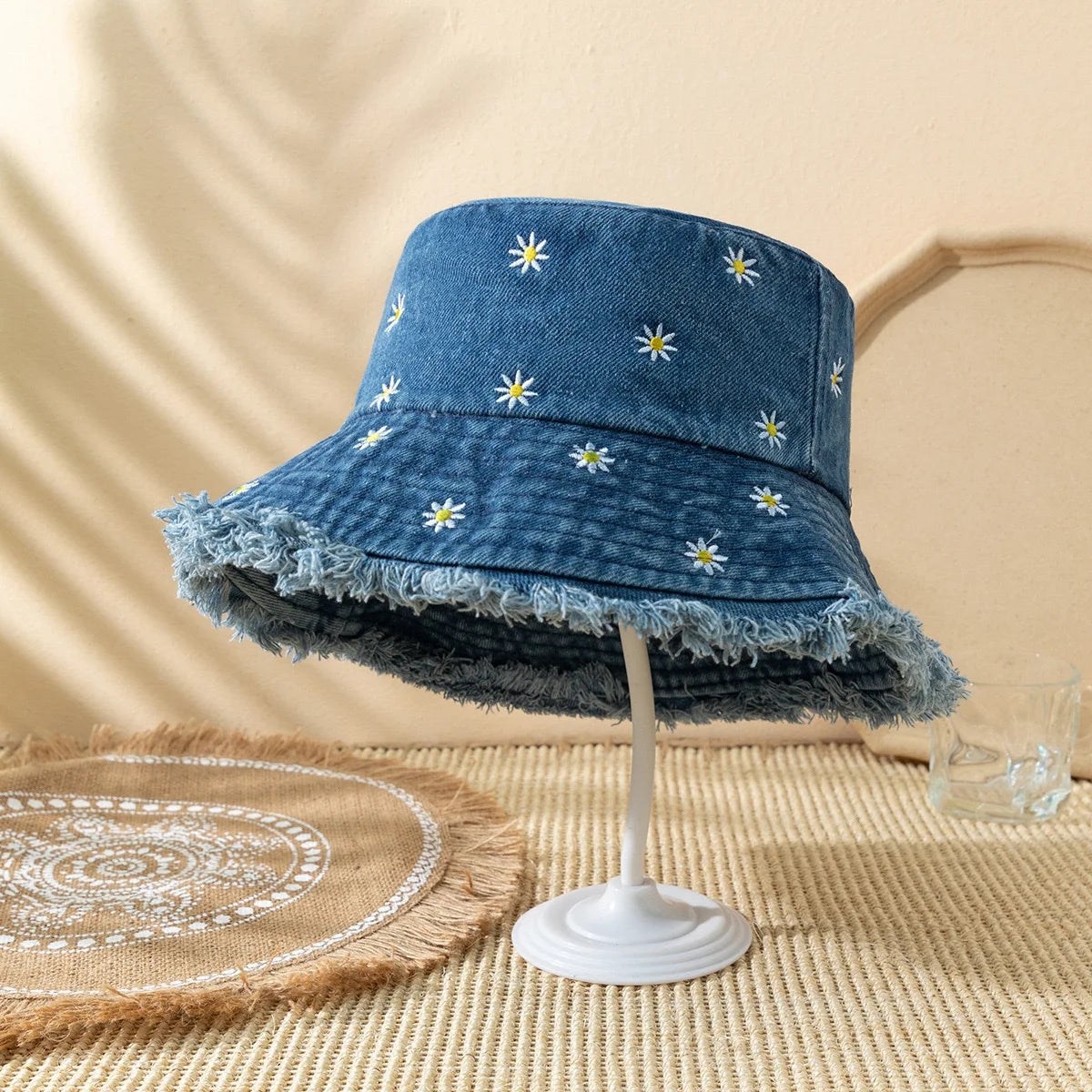Daisy Embroidered Washed Denim Retro Summer Bucket Hat