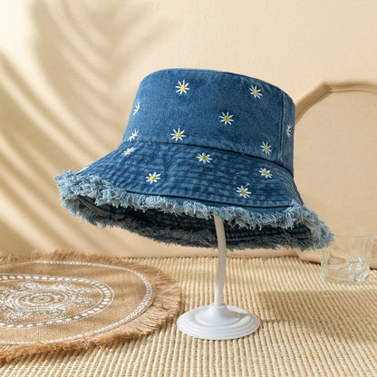 Daisy Embroidered Washed Denim Retro Summer Bucket Hat