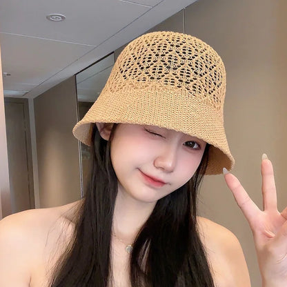 Women Hollow Straw Breathable Big Brim Bucket Hat