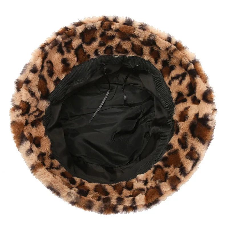 Leopard Print Fleece Bucket Hat Vintage Warm Style