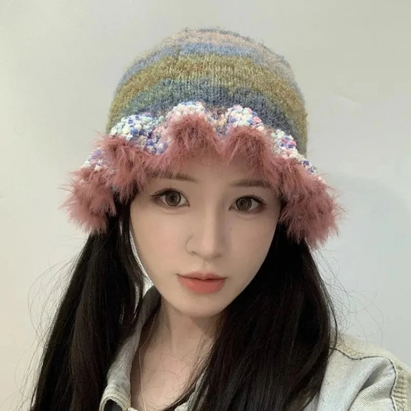 Colorful Gradient Stripe Woolen Bucket Hat