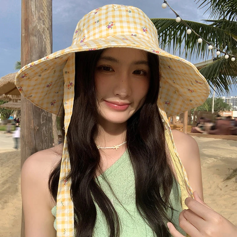 Double-Sided Plaid Lace-Up Bucket Hat Women