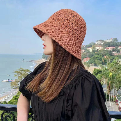 Women Wide Brim Straw Beach Bucket Hat