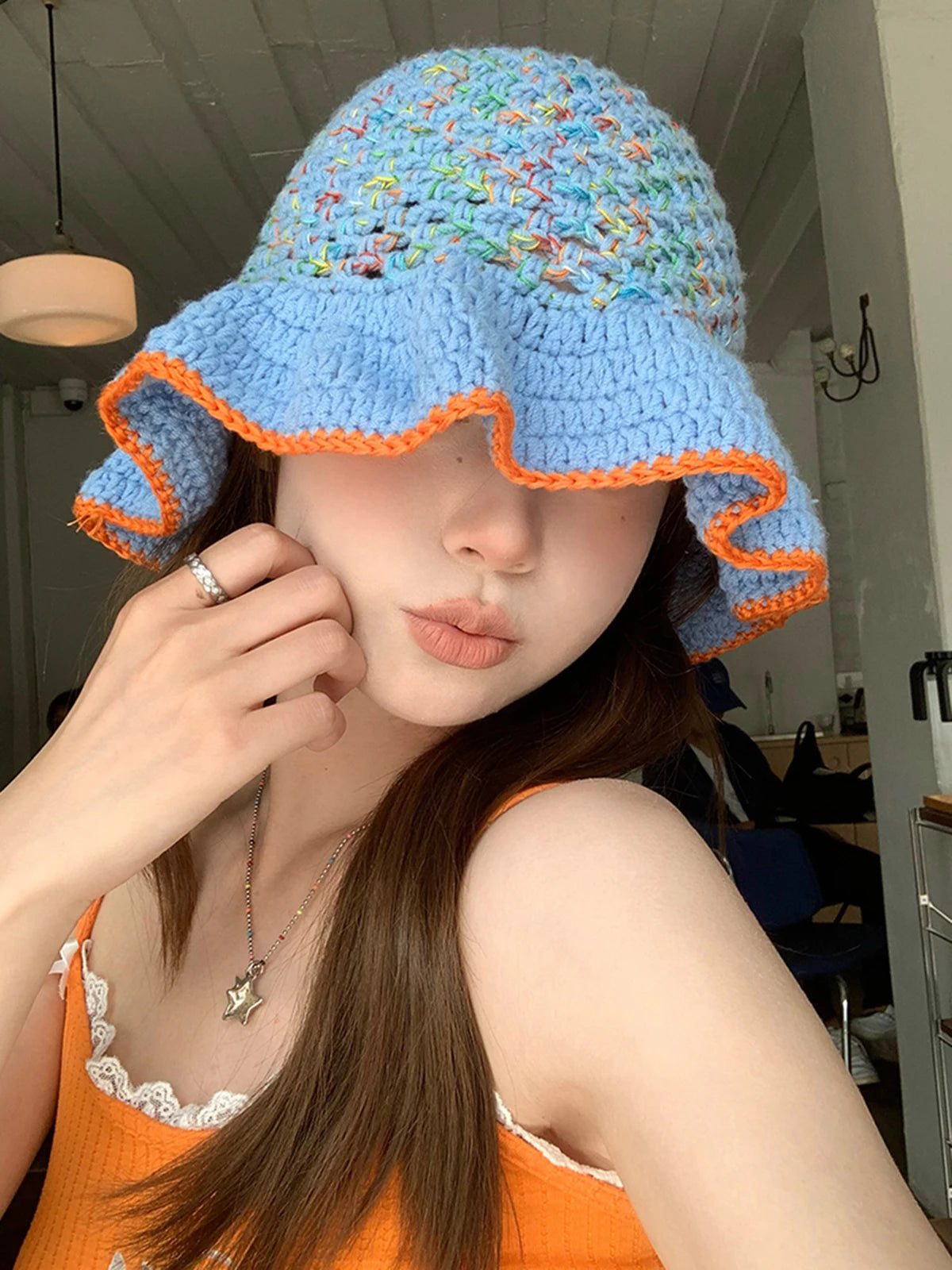 Graceful Lace Colorful Hook Flower Plush Bucket Hat