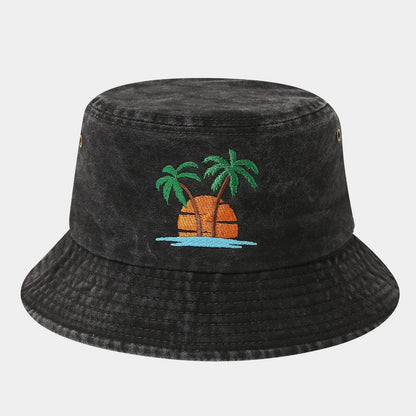 Distressed Coconut Tree Embroidered Beach Bucket Hat
