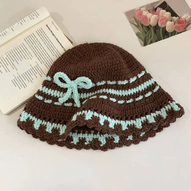 Korean Sweet Bow Hand-woven Knitted Bucket Hat