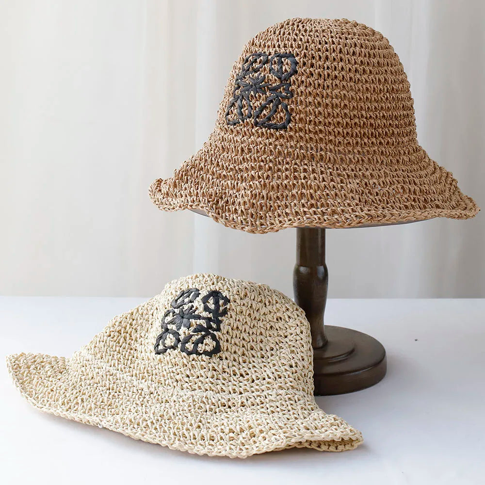 Handmade Letter Embroidery Straw Dome Bucket Hat
