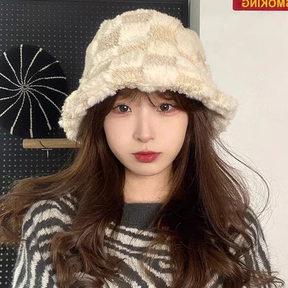 Women's Plaid Warm Lamb Bucket Hat