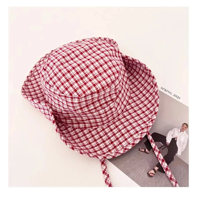 Ins Retro Red Plaid Big Brim Bucket Hat